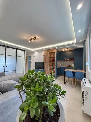 a bedroom with a bed and a table with a plant at Sunrise Apartment in Kotor
