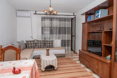 a living room with a couch and a tv at Apartman Glendza in Ulcinj