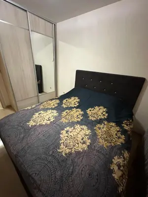 a bedroom with a bed with a black and gold bedspread at Hanna apatment in Podgorica