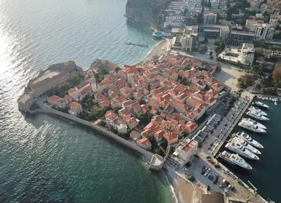 an aerial view of a small island in the water at OLD TOWN Budva apart 3 with balcony in Budva