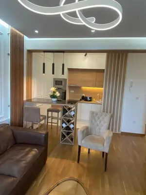 a living room with a couch and a kitchen at Apartman Podgorica in Podgorica