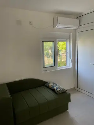a living room with a green couch and two windows at Grapefruit Haus in Donji Štoj