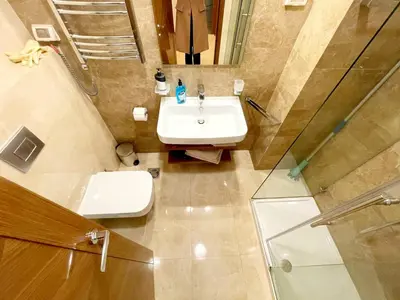 a bathroom with a sink and a toilet and a shower at City center apartment in Podgorica