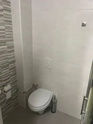 a white bathroom with a toilet and a shower at Leilighet i ulcinj in Ulcinj