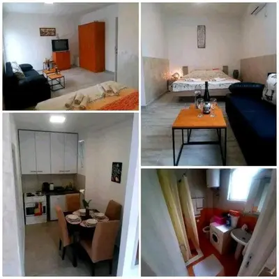 three pictures of a living room and a bedroom at Apartman Šušanj 2 in Bar