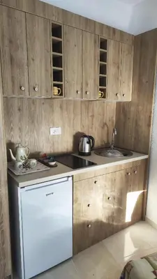 a kitchen with wooden cabinets and a white dishwasher at Apartments Pajo in Vranjina