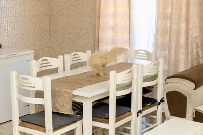 a dog sitting on a table in a kitchen at LuxuryHomeUlcinj2 in Ulcinj