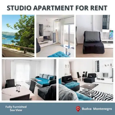 a collage of pictures of a living room at Sea View apartment in Budva in Budva