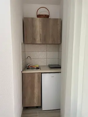 a small kitchen with a sink and a refrigerator at Asijaapartmani in Bar