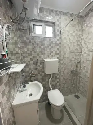 a bathroom with a toilet and a sink and a shower at Asijaapartmani in Bar