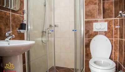 a bathroom with a shower and a toilet and a sink at Lotos - stan 421 L2 in Dobra Voda