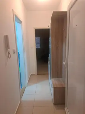 a hallway with a closet and a door to a bathroom at Apartman D3 in Podgorica