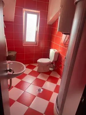 a red and white bathroom with a toilet and sink at Duplex apartment in Podgorica in Podgorica