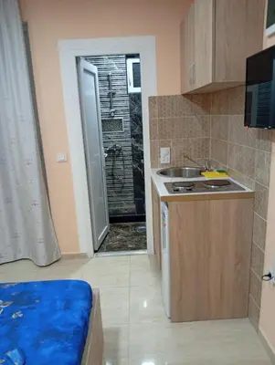a small kitchen with a sink and a shower at Grandino rooms& apartments in Ulcinj