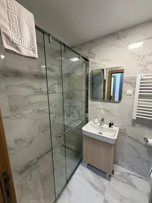 a bathroom with a sink and a shower at Premium Suites with GARAGE in Podgorica