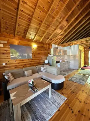 a living room with a couch and a table at Cottage Ajna - Ada Bojana in Ulcinj