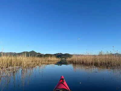 a red kayak on a river with grass and water at Sunny balconies apartments Skadar Lake in Virpazar
