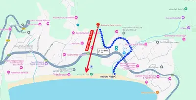 a map of the trail with a red marker at Status-M Apartments 187 in Becici
