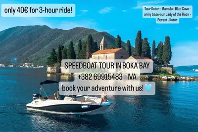 a advertisement for a boat on the water at Apartment Diamond -modern and lovely seaside studio apartment in Kotor