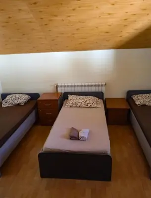 a small bedroom with two beds and a wooden ceiling at Villa Natalija in Podgorica