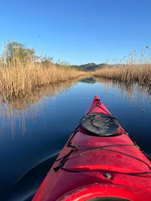a red kayak is on a river with grass at JG Studio apartment in Vranjina